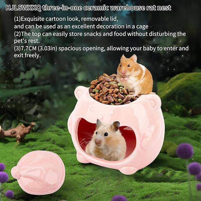 3-in-1 Bear Shaped Ceramic Hamster House - Cool House for Syrian Dwarf Hamsters, Mice, Gerbils， Small Pets, Top for Hamster Food, Removable Lid for Ice Packs, Cute Cool Hideout for Summer（Pink）