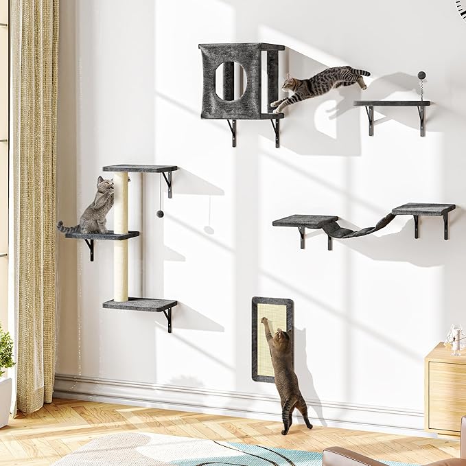 NUNU LAB Wall Mounted Cat Furniture, 5 Pcs Cat Wall Shelves with House, Bridge, Steps, Scratching Post, Shelves, Indoor Safe & Stable Furniture for Kittens Play, Gray