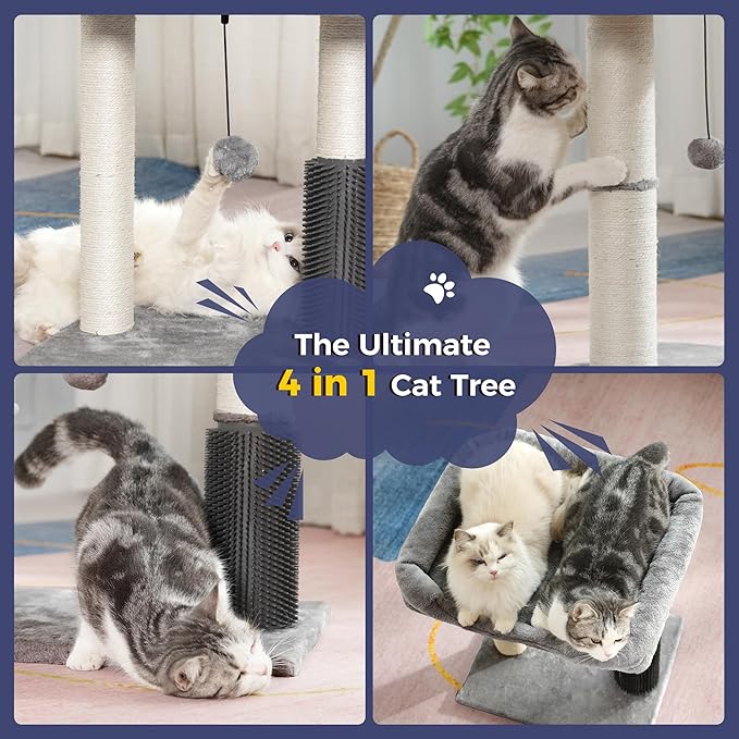 Cat Tree Tower for Large Cats Cat Scratching Post with 20x15.7”Wide Top Bed, Self Groomer, Thick Scratch Post [Dia=4.5”] and Danging Ball Great for Indoor Cats-Large Grey