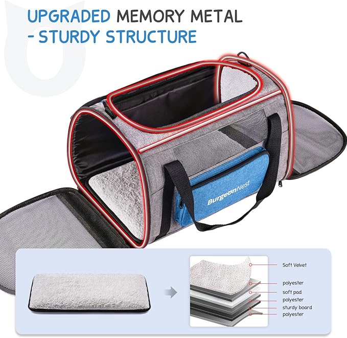 BurgeonNest Cat Carriers for Small Cats Under 15, Medium Puppy Under 25 lbs Large Pet 20 lbs Soft Sided Pet Carrier with Unique Side Bag (Medium, Grey)
