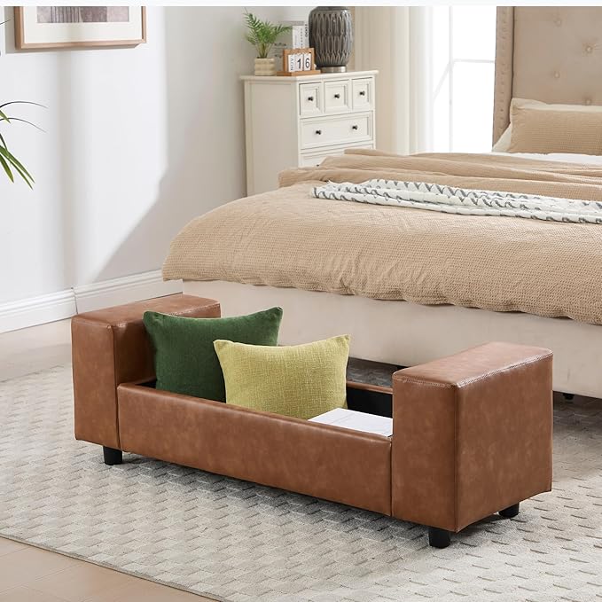 Storage Ottoman Bench 55 Inch Upholstered Comfy PU Leather End of Bed Bench with Large Storage for Bedroom/Living Room/Entryway/Closet(Brown)