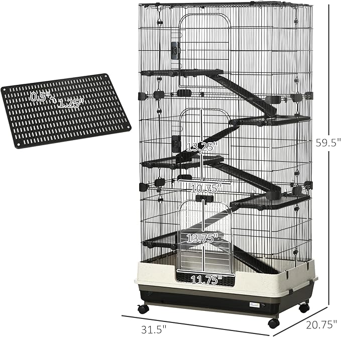 PawHut 59.5" Small Animal Cage with Wheels, 6-Level Portable Bunny Cage, Chinchilla Ferret Cage with Removable Tray, Platform and Ramp