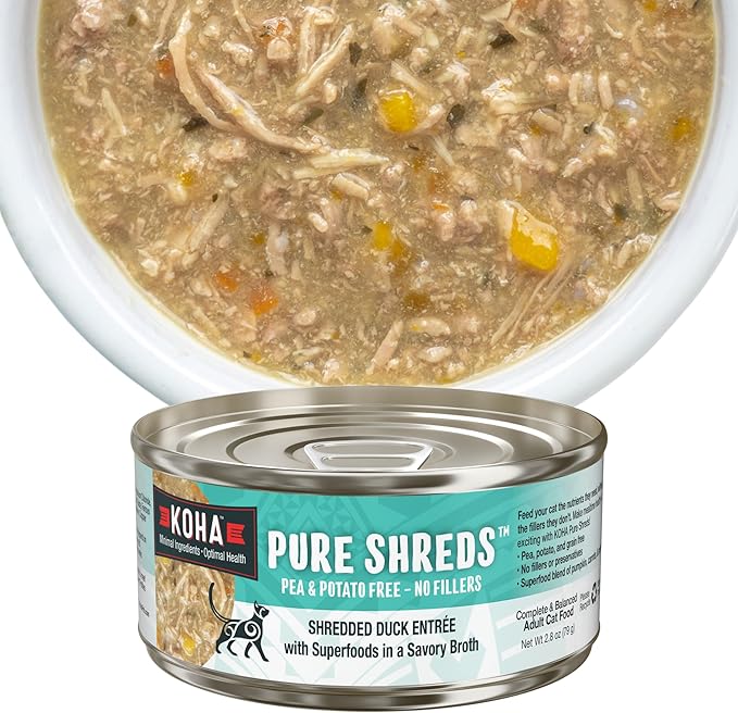 KOHA Pure Shreds Duck Entrée for Cats, Single Meat Wet Cat Food 2.8oz Cans (Pack of 24)