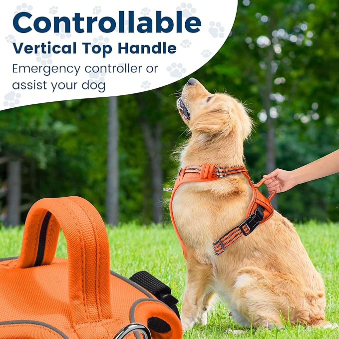 Funfox Dog Harness No Pull, Adjustable Pet Vest Harness, Super Soft Material with Vertical Handle Easy Control, Reflective Night Walking, 2 Leash Clips for XLarge Dogs, Orange, XL