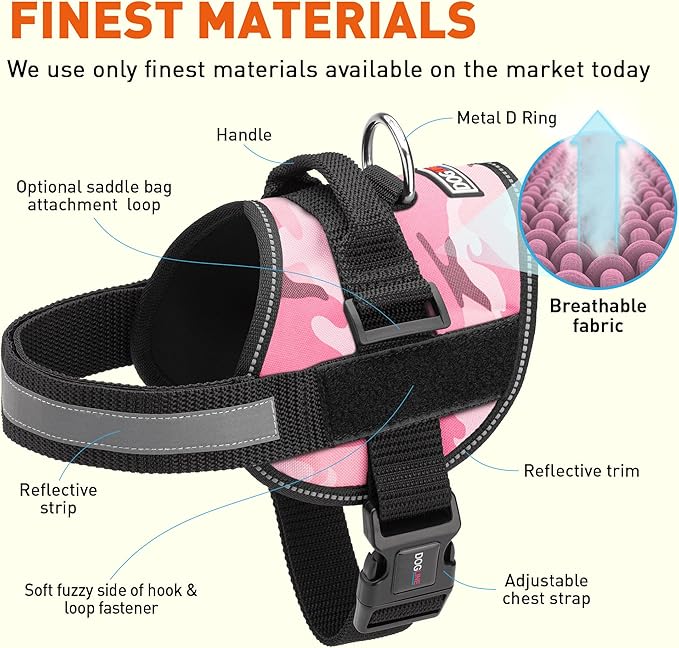 Dogline Dog Harness, Reflective No-Pull Adjustable Vest with Handle for Walking, Training, Breathable, No - Choke Harness for Small, Medium or Large Dogs Room for Patches Girth 22"-28" in Pink Camo