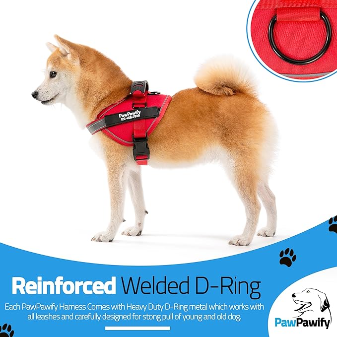 PawPawify Custom No Pull Dog Harness with Name and Phone Number, Heavy Duty Personalized Pet Vest to Prevent Tugging, Pulling, or Choking, Training and Walking (New Red, M (20-40 LBS))