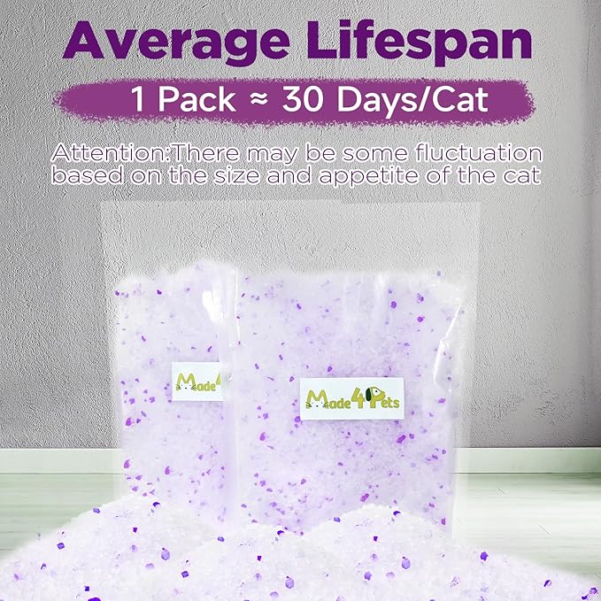 Made4Pets Cat Litter Crystals Kitty Litter Odor Control Crystal Litter Non Clumping No scooping Low Dust, Low Tracking, Lightweight, Dehydrates Waste,Lavender– 19.8 lbs (6 x 3.3 lb Packs)