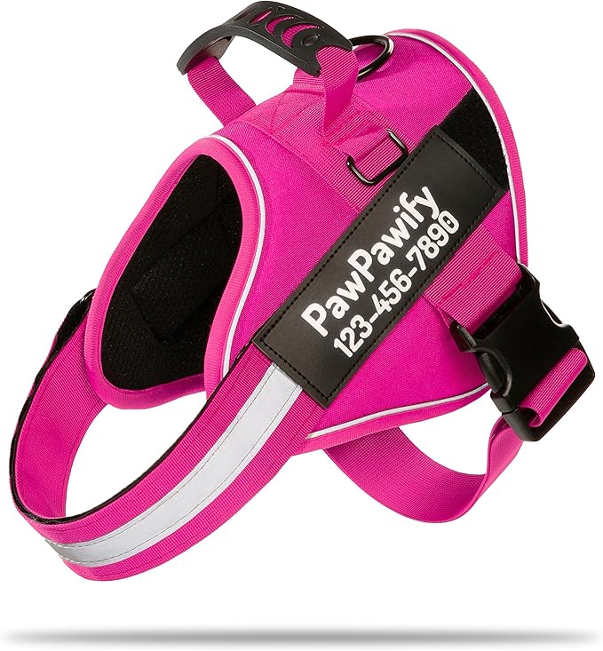 PawPawify Custom No Pull Dog Harness with Name and Phone Number, Heavy Duty Personalized Pet Vest to Prevent Tugging, Pulling, or Choking, Training and Walking (New Pink, S (10-19LBS))