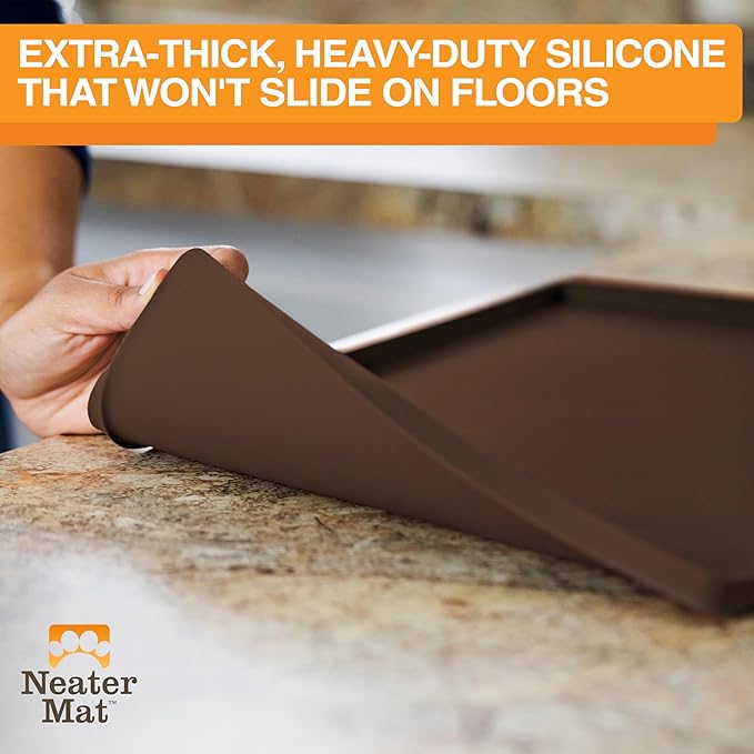 Neater Pet Brands Neater Mat Pet Mats for Food and Water, Cat & Dog Bowl Mat Waterproof Silicone, Feeding Tray, Dog Food Mats for Floors, Placemat w/Raised Edge for Under Bowls, 16” x 10”, Brown
