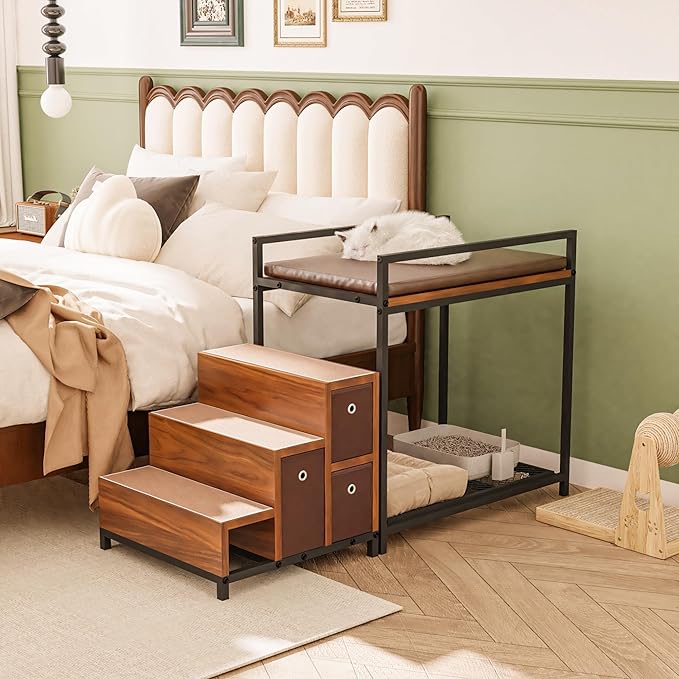 Dog Window Perch, Pet Bunk Bed with Multi-Level Platform, Non-Slip Cat Window Perch with Stroage Drawers, Dog Perch to Look Out Window, Wooden Steps for Small, Large Sized Dogs and Cats