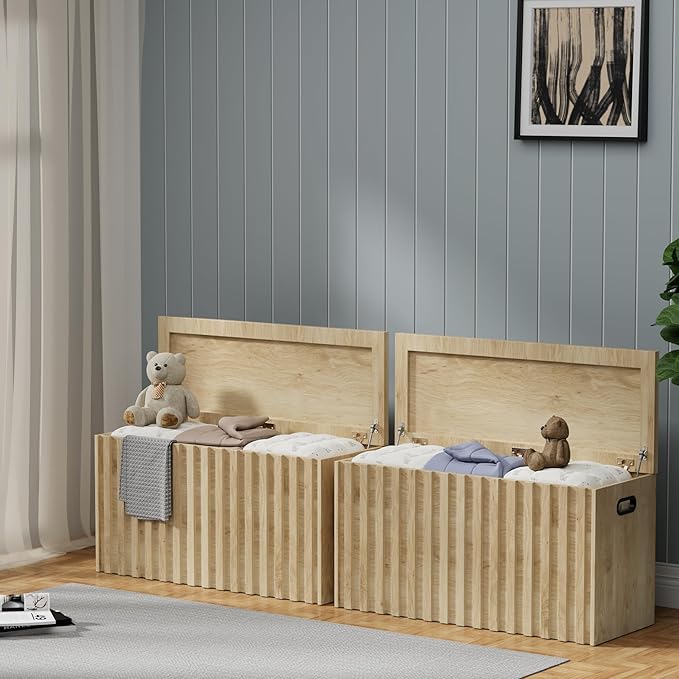 UEV Storage Bench Set of 2, 39.4" Wood Storage Trunk with 2 Safety Hinges, Sturdy Storage Chest, Fluted Storage Bench for Bedroom, Shoe Bench for Entryway, Living Room (Ivroy White)