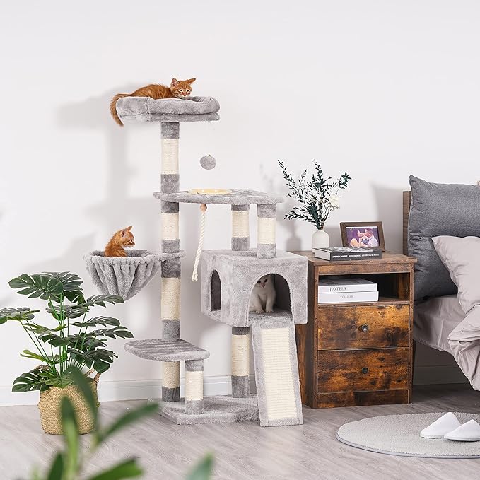Heybly Cat Tree, Cat Tower for Indoor Cats with Scratching Board, Multi-Level Cat Furniture Condo with Feeding Bowl, Light Gray HCT010W