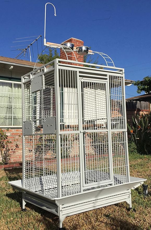 Extra Large Castle PlayTop Parrot Rolling Cage for Large Macaws Cockatoos African Grey Amazon (32" L x 23" W x 66" H WhiteVein)