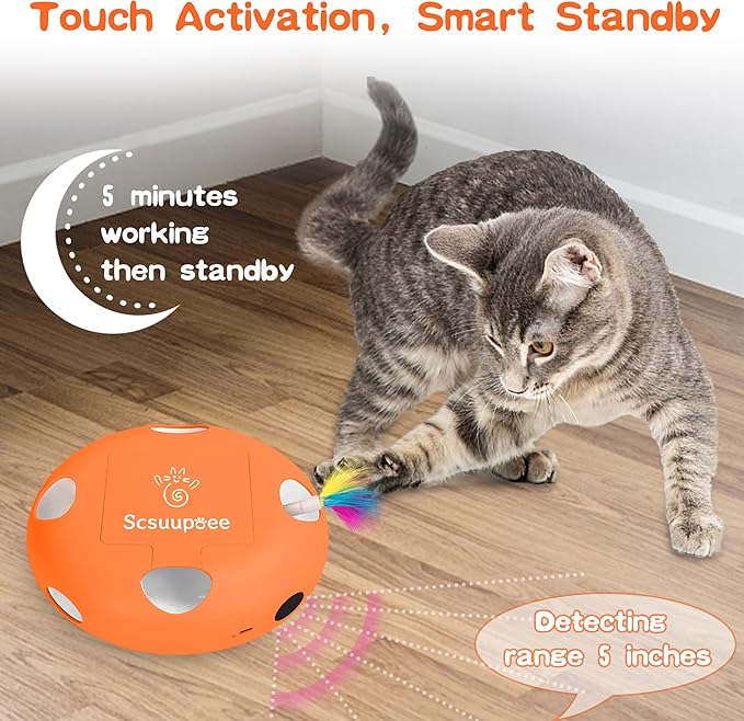 Interactive Cat Toy, Electric Cat Toys for Moving Concealed Feathers, Smart Sensor 7 Holes Whack a Mole Feather Toy, USB Charge Automatic Kitten Toys,Orange