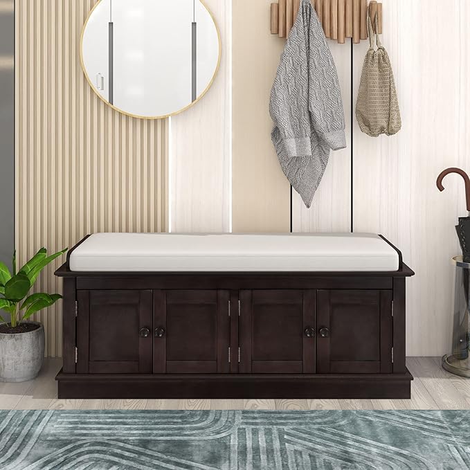 Shoe Storage Bench with 4 Doors and Adjustable Shelves, Shoe Bench with Removable Cushion for Living Room Entryway 42.7" L * 16" W * 17.4" H Espresso