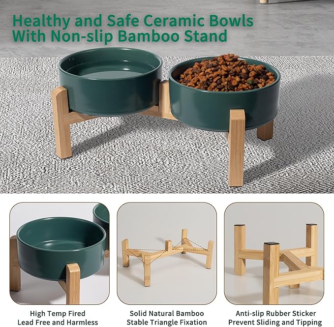 Elevated Ceramic Dog Bowl Set - Raised Feeding Bowls with Non-Slip Bamboo Stand - Small Pet Dishes for Food and Water - Ideal for Cats and Puppies - 16.23 OZ - 2 Cups - 480 ML