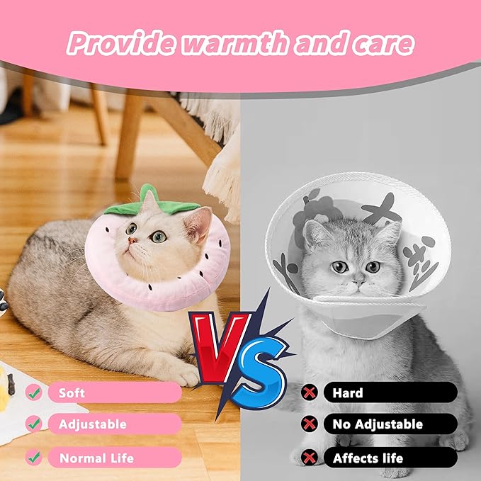 Soft Cat Cone Collar, Cute Cat Recovery Collar Suitable for Small, Medium, Large Cats,Elizabethan Neck Collar for Cats After Surgery (Strawberry, Medium)