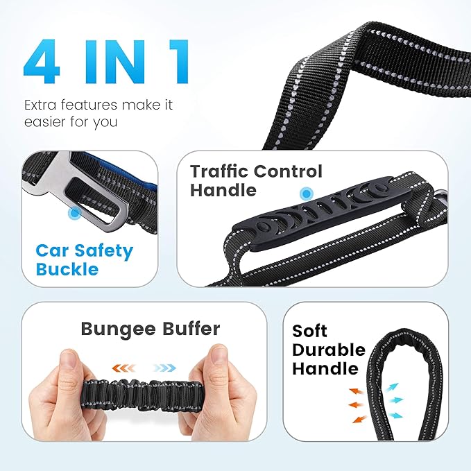 IOKHEIRA 6Ft /4Ft Dog Leash Rope for Large Dogs, Heavy Duty with Comfortable Padded Handle and Highly Reflective Threads,4-in-1 Multifunctional Dog Leashes with Car Seat Belt for Training (Black)