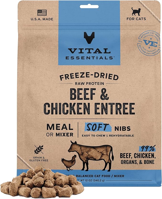 Vital Essentials Freeze-Dried Raw Beef & Chicken Meal or Mixer Cat Food Soft Nibs | 99% Beef, Chicken, Organs & Bone | 12 oz