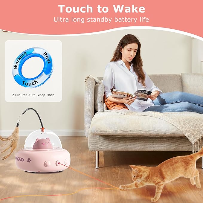 hooroor 2-in-1 UFO Laser Cat Toy – Automatic Motion with Feather, Rechargeable Smart Sensor Interactive Toy for Indoor Cats & Dogs, Fun Exercise & Play, Perfect Pet Gift
