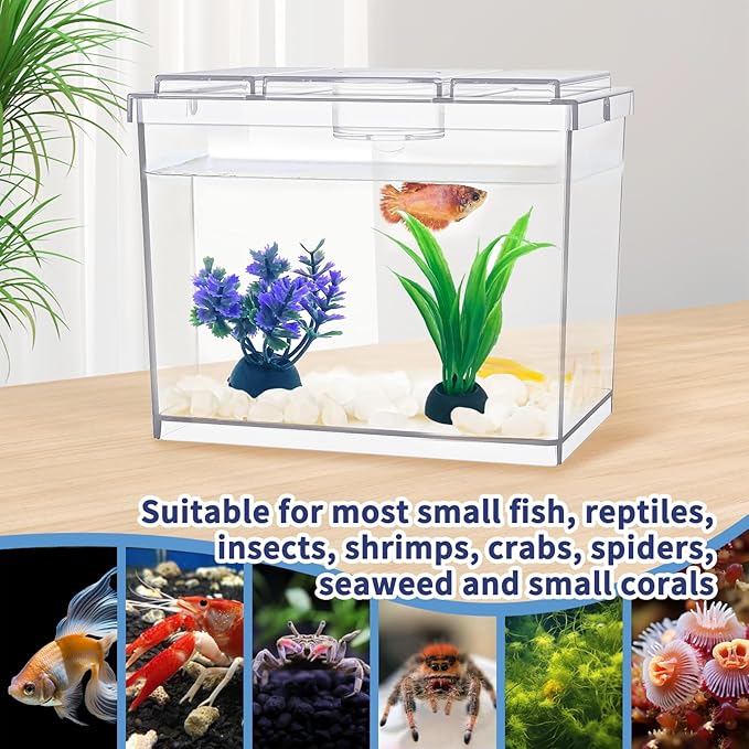 Mini Betta Fish Tank, Small Fish Bowl for Temporary Space, 0.2 Gallon Stackable Cube Tank with Artificial Plants and Gravels for Small Fish, Insect, Shrimp, Crab, Spider. (Pack-1)