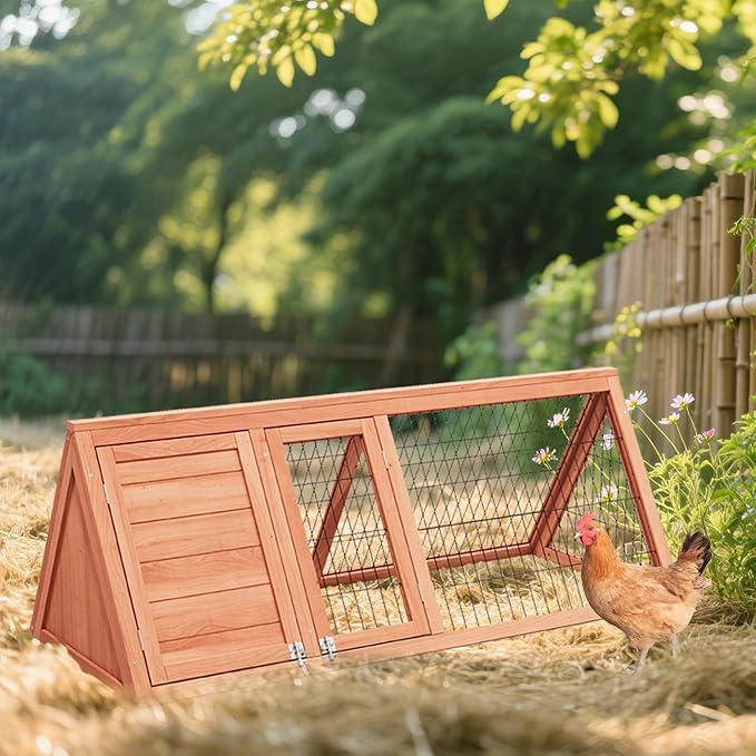 Chick Coop,Outdoor Chicken Run Cage Wooden Triangle Quail Coop with Ventilating Wire Poultry Hutch for Small Animals (Ntural Wood)