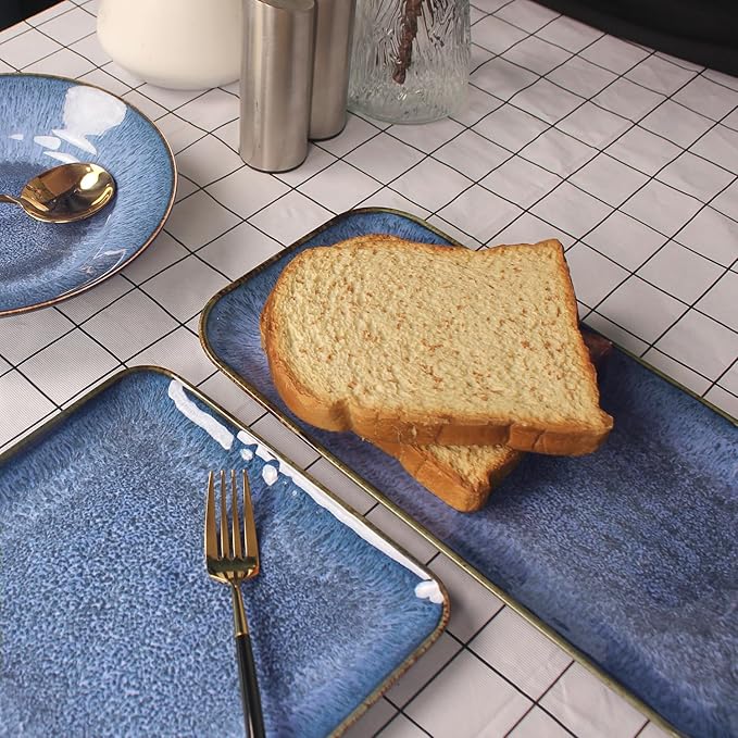 Ceramic Dinner Plates Dish Set,Set of 4, for Lunch snacks - Microwave, Oven & Dishwasher Safe,Scratch Resistant, Dinnerware Kitchen Porcelain Serving Dishes,Blue 12.4 Inch Rectangle plate