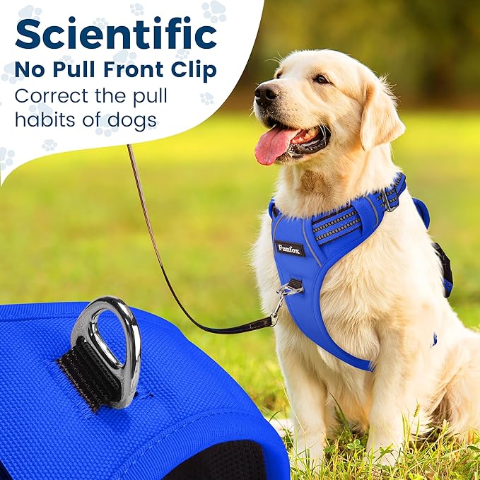 Funfox Dog Harness No Pull, Adjustable Pet Vest Harness, Super Soft Material with Vertical Handle Easy Control, Reflective Night Walking, 2 Leash Clips for Large Dogs, Blue, L
