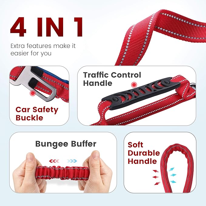 IOKHEIRA 6Ft /4Ft Dog Leash Rope for Large Dogs, Heavy Duty with Comfortable Padded Handle and Highly Reflective Threads,4-in-1 Multifunctional Dog Leashes with Car Seat Belt for Training