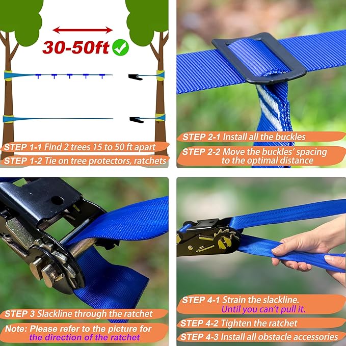 2×56ft Ninja Warrior Obstacle Course for Kids - 600 lbs Weight Capacity, Slackline Obstacle Course with 8 Ninja Accessories - Monkey Bar, Rope Ladder, Gymnastic Ring, Arm Trainer and Monkey Fist