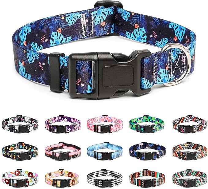 Mercano Adjustable Dog Collar - Special Design Patterns, Soft Nylon Comfortable Durable Pet Collar for Small Medium Large Dogs (M, Monstera)