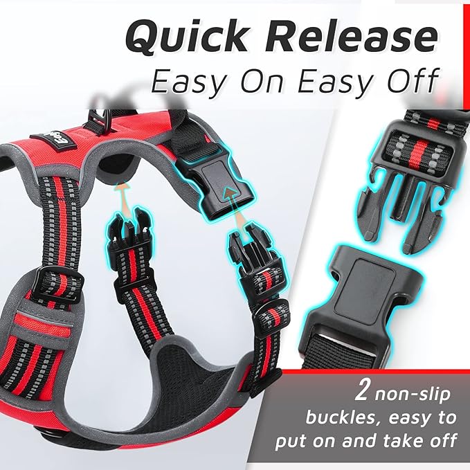 Eagloo Dog Harness for Large Dogs, No Pull Service Vest with Reflective Strips and Control Handle, Adjustable and Comfortable for Easy Walking, No Choke Pet Harness with 2 Metal Rings, Red, L