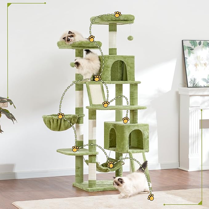 Cat Tree for Indoor Cats, 71'' (180cm) Multi-Level Cat Tower for Large Adult, Sturdy Cat Tree House with 2 Scratching Boards 7 Posts, 2 Plush Perches/Condos, Hammock, Green GCT032GR