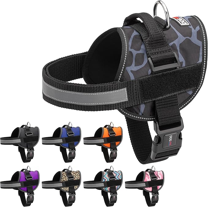 Dogline Dog Harness, Reflective No-Pull Adjustable Vest with Handle for Walking, Training, Breathable, No - Choke Harness for Small, Medium or Large Dogs Room for Patches Girraffe Grey M 22"-28"