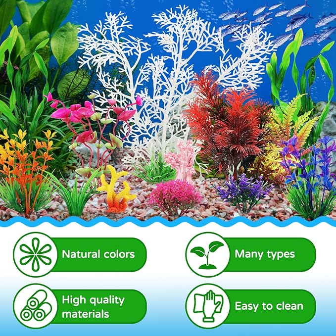 Aquarium Decorations Plants with Resin Coral, 12 pcs Fish Tank Accessories, Fish Tank Decorations Small Plants Plastic, Aquarium Decor Artificial Plant