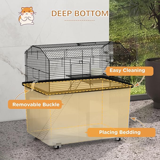 PawHut Hamster Cage, Gerbil Cage 2 Tier with Wheels, Deep Bottom, Ramp, Food Dish, Water Bottle, for Dwarf Hamster, Syrian Hamster, 57 x 43 x 57cm - Black