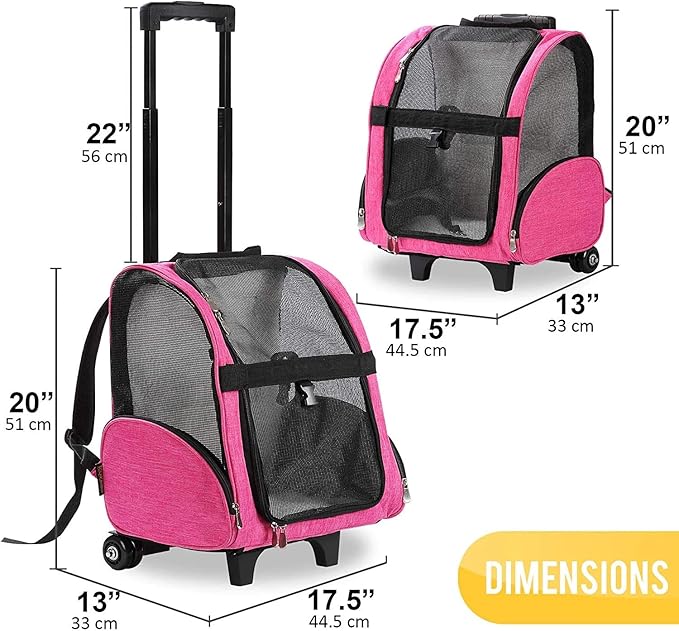 KOPEKS Deluxe Backpack Pet Travel Carrier with Double Wheels for Pets up to 18 Pounds - Pink