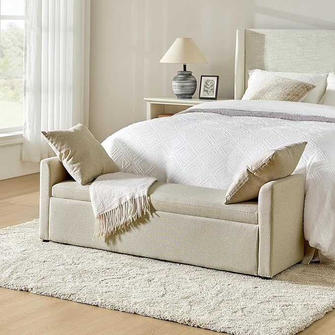 HULALA HOME Modern Storage Bench with Throw Pillows, 59.4" Extra Long Bedroom Ottoman Bench for End of Bed, Comfy Upholstered Footstool for Entryway Dining Room Living Room, Beige