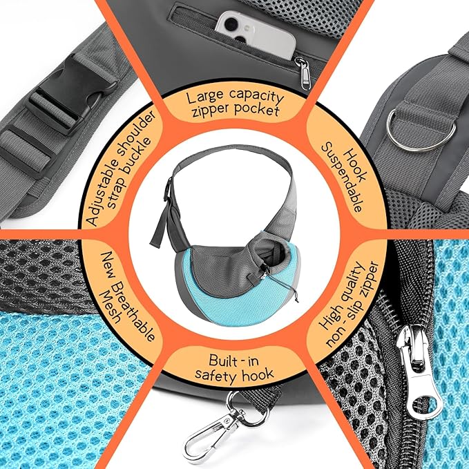 YUDODO Pet Sling Carrier for Small Dogs & Cats – Hands-Free Puppy Carrier with Safety Hook, Large Zipper Pocket, Soft Breathable Mesh, Adjustable Strap & Reflective Strip (Cyan 1.0 S)