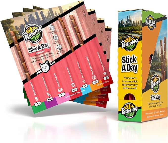 Stick a Day | Specially Formulated 7-in-1 Functions Daily Real Meat Supplement for Cats | Cat Chew Stick & Pet Vitamins Supplements Combination (7-Pack x 4, Mix)