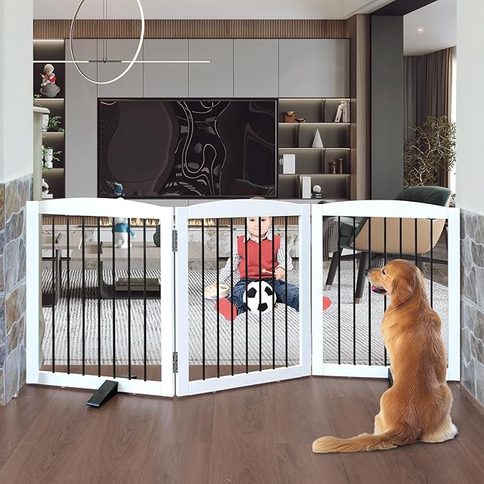 Freestanding Panel Dog Gate for Indoor Doorways, Stairs, or Hallways - Foldable Wooden Pet Gate, 24" Height - 3 Panels, White