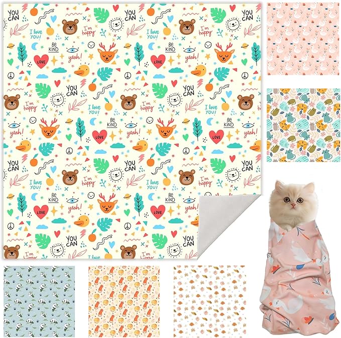 17.7" Cat Grooming Wrap, Cat Wrap for Cutting Nails, Self-Adherent Fabric Wrap for Cats, Cat Burrito Wrap Anti-Scratch, Anti-Escape, Multifunctional Swaddle Wrap Pet Tool (Funny Bear, Medium)