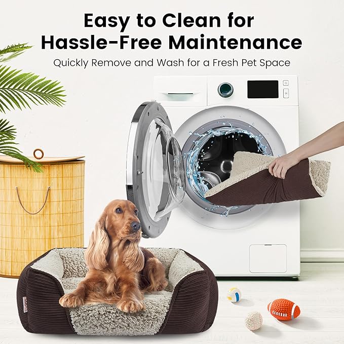 Miguel Washable Dog & Cat Bed with Removable Cushion for Medium & Small Dogs, Easy to Wash Pet Sofa Bed with Side Bolster, Anti-Slip Bottom, Dark Brown, 30 Inch Rectangle