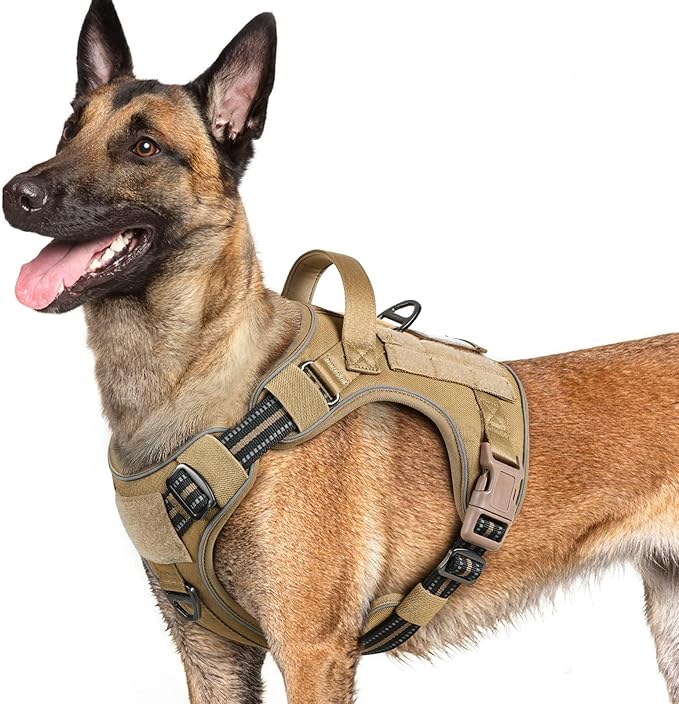 rabbitgoo Dog Harness for Large Dogs No Pull, Tactical Service Pet Vest with Molle and Control Handle, Adjustable and Reflective Military Harness for Easy Walking and Training, Brown, L