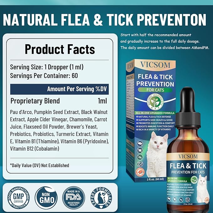Natural Flea and Tick Prevention for Cats, Herbal Cat Flea and Tick Treatment Support Drops Flea Support with Prebiotics Probiotics for Cats Kitten - Ideal for Sensitive Cat - Salmon Flavor