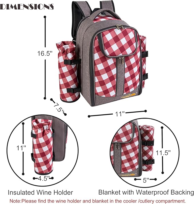 apollo walker Picnic Backpack Bag with Cooler Compartment, Detachable Bottle/Wine Holder, Fleece Blanket, Plates and Cutlery Set (2 Person, Gray)