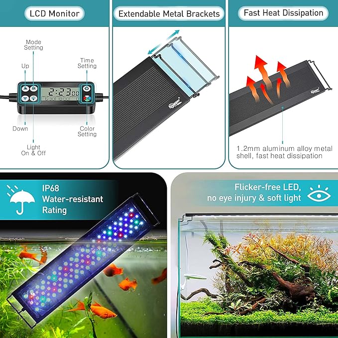 hygger Auto On Off LED Aquarium Light, Full Spectrum Fish Tank Light with LCD Monitor, 24/7 Lighting Cycle, 7 Colors, Adjustable Timer, IP68 Waterproof, 3 Modes for 48"-54" Freshwater Planted Tank