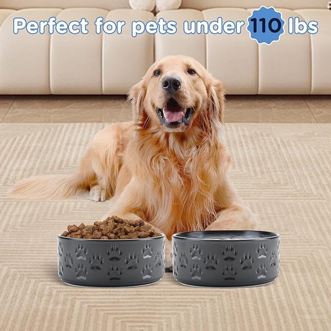 SPUNKYJUNKY Ceramic Dog Bowls 2 Pack, 8.3'' Dog Food Water Double Feeding Bowls Non-Slip for Medium to Large Sized Breed Microwave Dishwasher Safe - 60 OZ, 2pcs, Paw Black