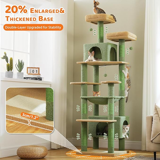 PAWZ Road Heavy Duty Cat Tree for Large Cats, 81 Inches Cactus Tall Cat Tower with 2 Perches, 2 Condos and Spacious Hammock, XL Extra Large Condo with 7 Scratching Posts for 20lb+ Adult Cats, Green