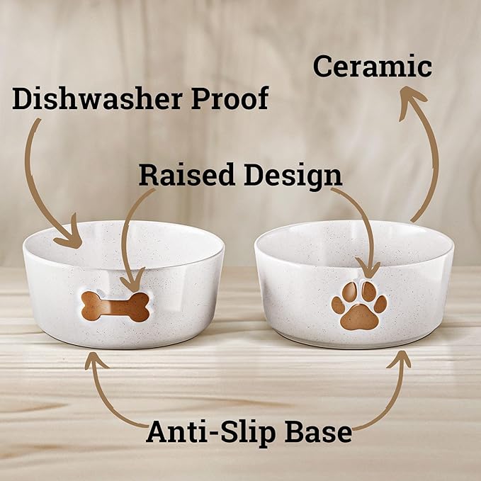 Ceramic Dog Bowl Set of 2 with Anti-Skid Base - 6.5" Wide x 2.5" Tall Ceramic Dog Bowls Medium Sized Dogs - 3.8 Cup Capacity Food and Water Bowls for Dogs - Rubber Bottom Pet Bowl Set of 2 Medium Size